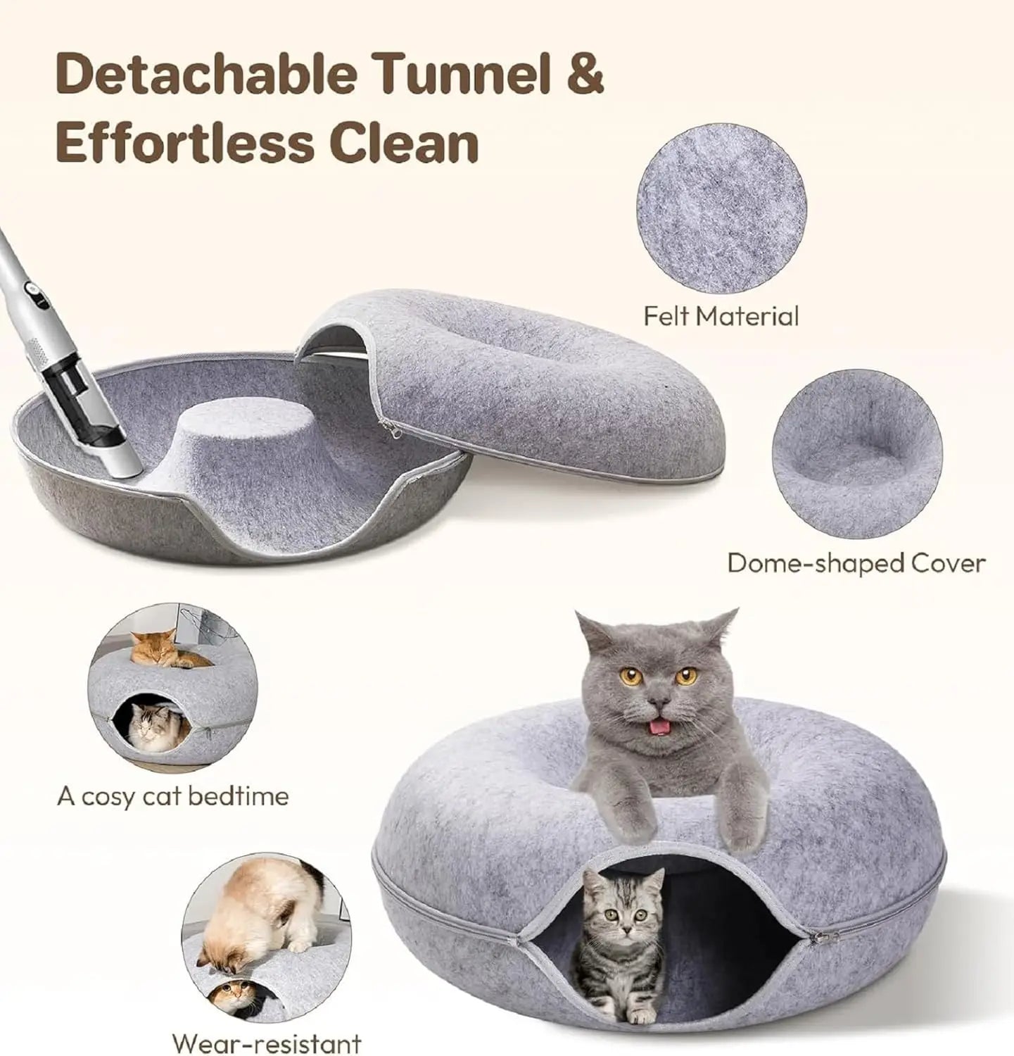 Peekaboo Cat Cave Bed - Felt & Washable Indoor Donut Tunnel for Cats Pet