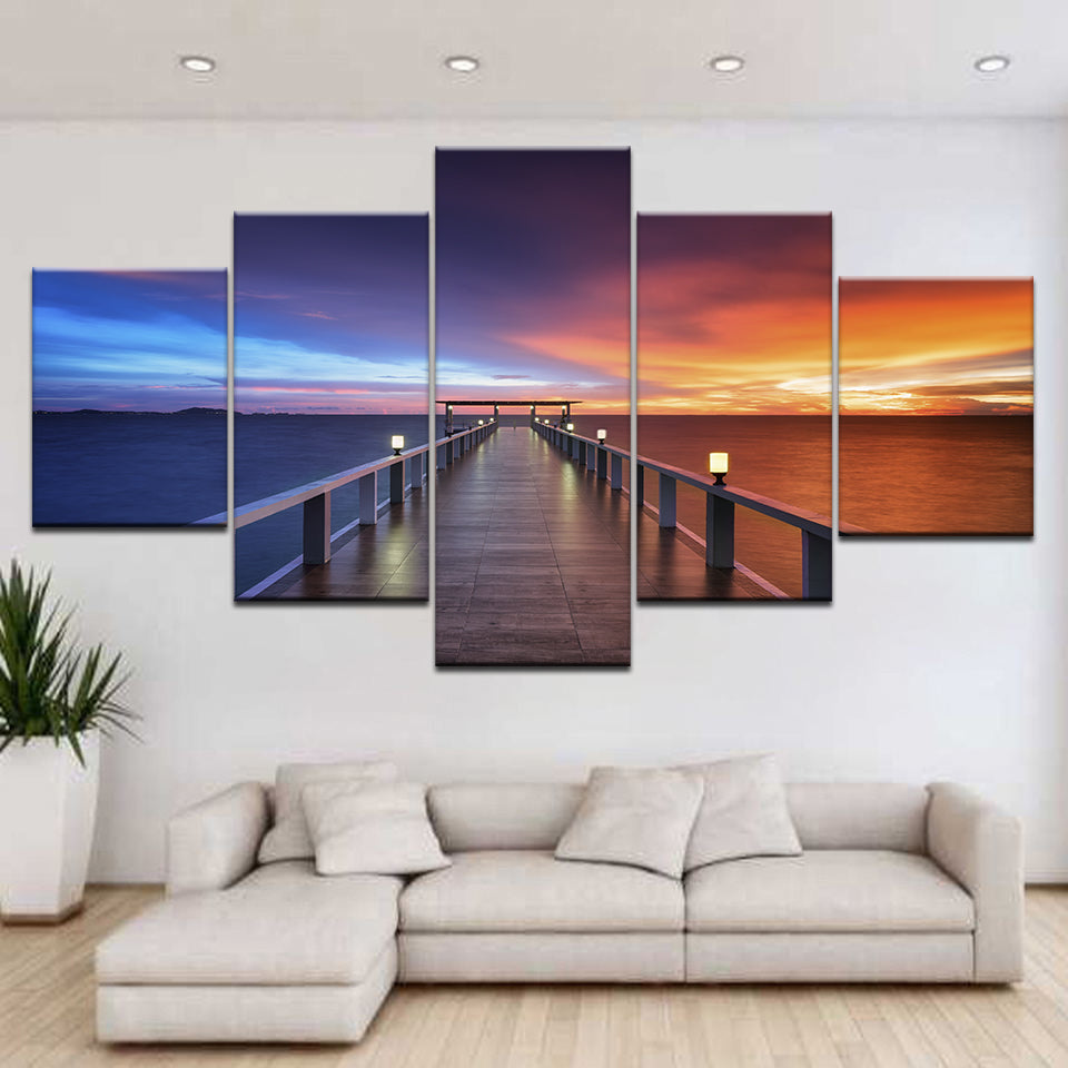 Print Wall Poster Home Decor Beautiful Sunset Bridge Nature Landscape Painting Lake Pictures