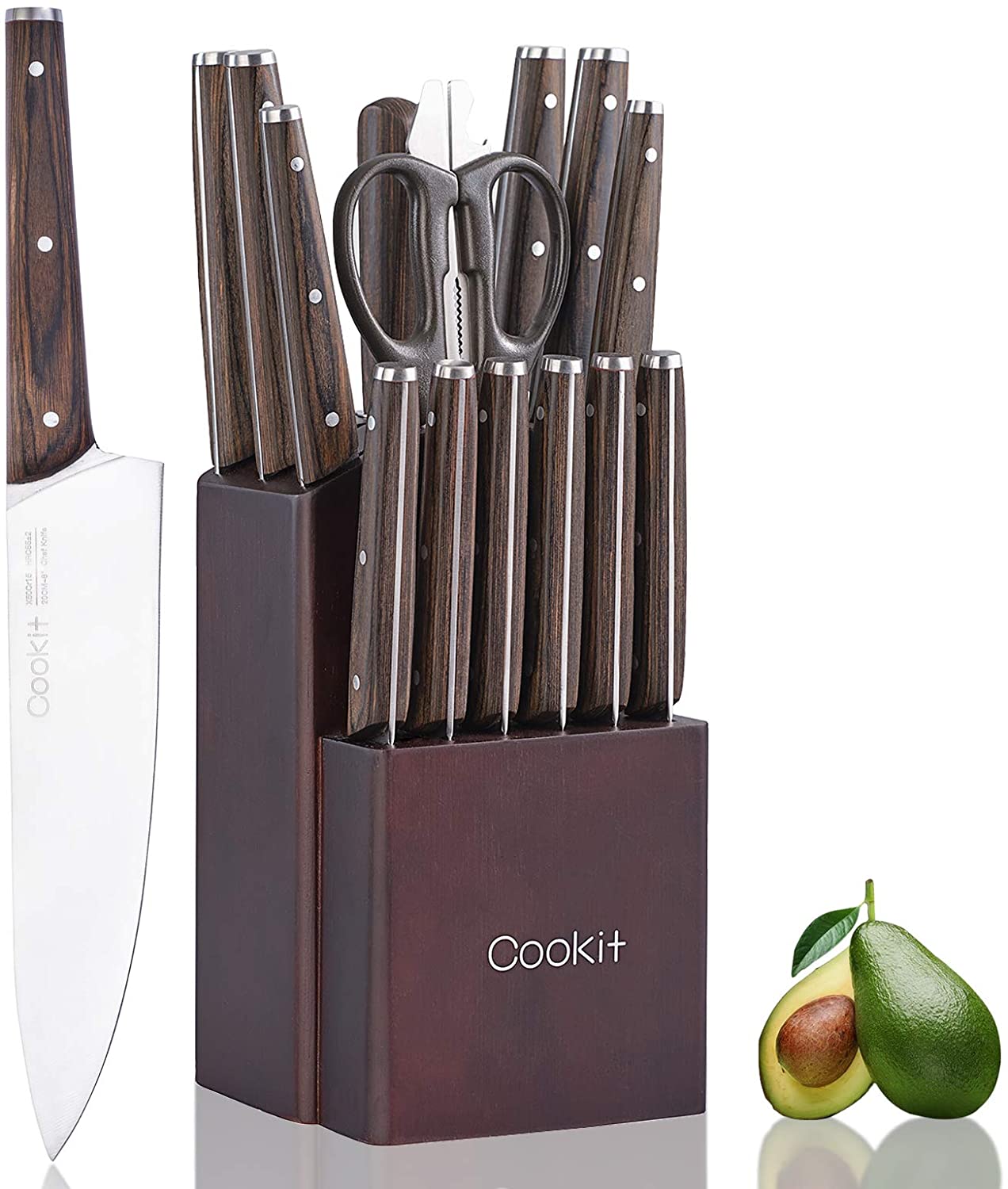 Kitchen Knife Sets, 15 Piece Knife Sets with Block for Kitchen Chef Knife Stainless Steel Knives Set Serrated Steak Knives with Manual Sharpener Knife Amazon Platform Banned