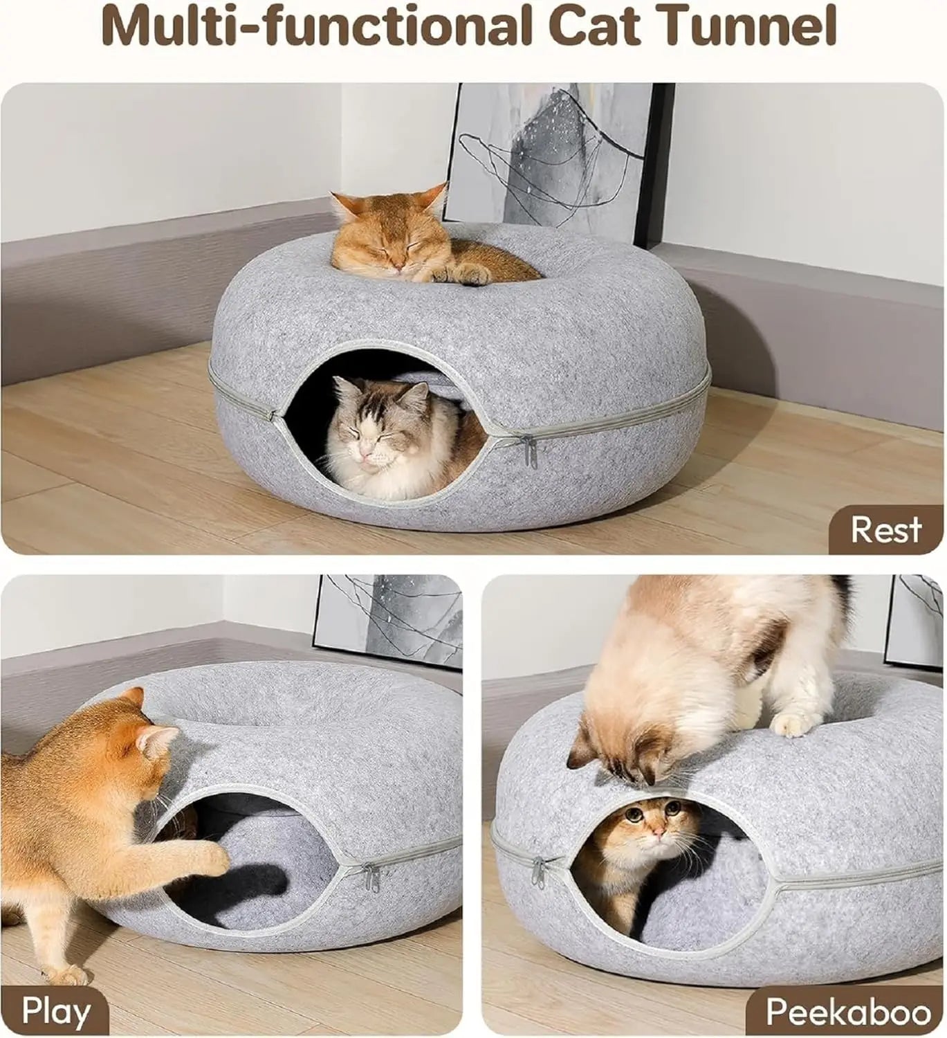 Peekaboo Cat Cave Bed - Felt & Washable Indoor Donut Tunnel for Cats Pet