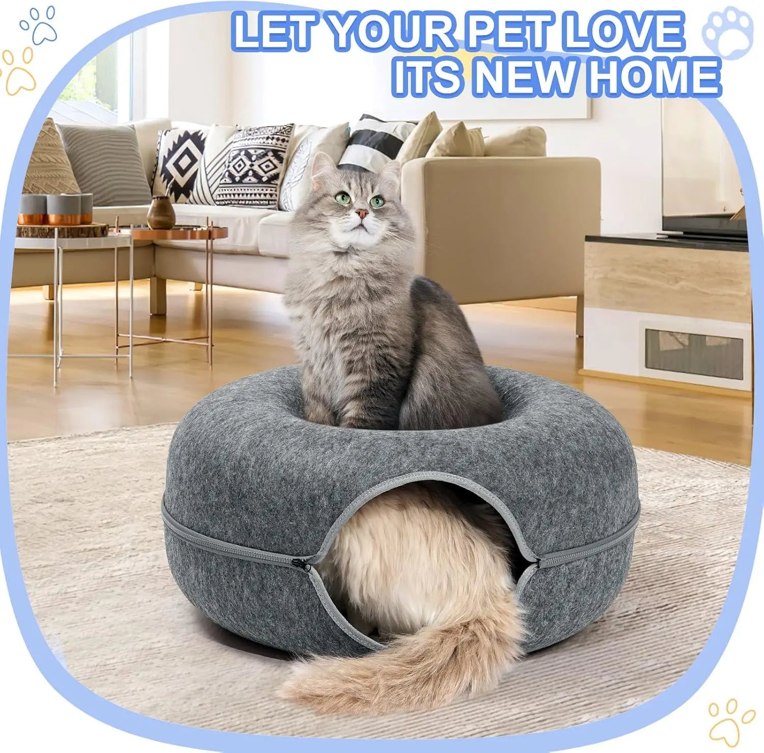 Peekaboo Cat Cave Bed - Felt & Washable Indoor Donut Tunnel for Cats Pet