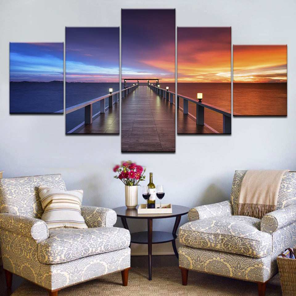 Print Wall Poster Home Decor Beautiful Sunset Bridge Nature Landscape Painting Lake Pictures